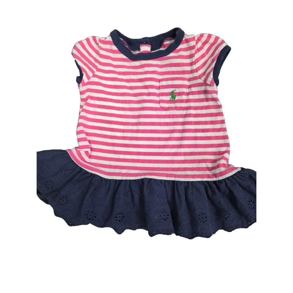 Ralph Lauren Baby Girl 3 months Pink Striped Dress Blue Eyelet Peplum Hem Logo